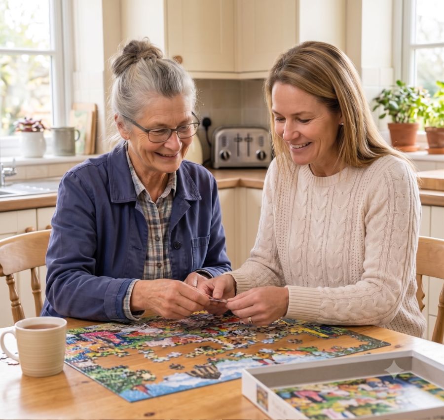 A daughter and her mother doing a jigsaw puzzle together at home