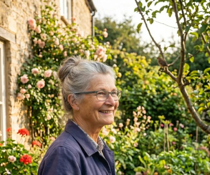 A smiling older woman enjoying her garden